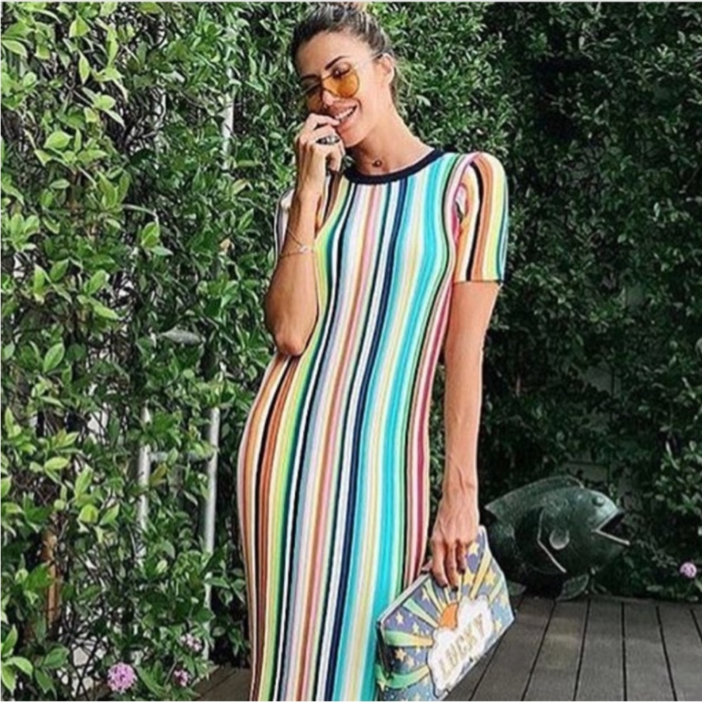 Milly Rainbow Stripe Knit Short Sleeve Dress